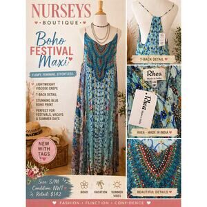 Rhea Boho Maxi Dress Blue Floral T-Back Sleeveless Festival S/M NWT